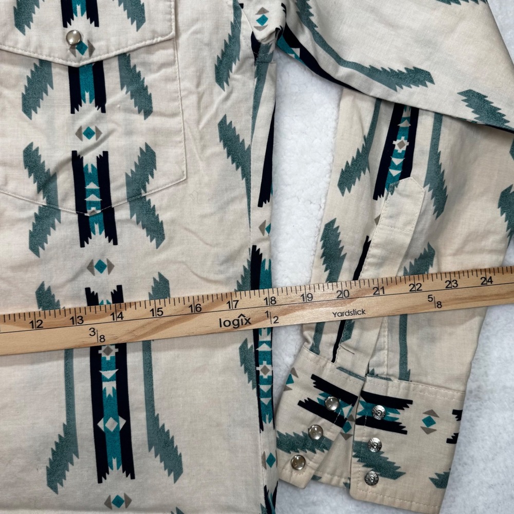 Wrangler Mens Aztec Western Snap Shirt Small Teal Tan Geometric Long Sleeve - Picture 5 of 12